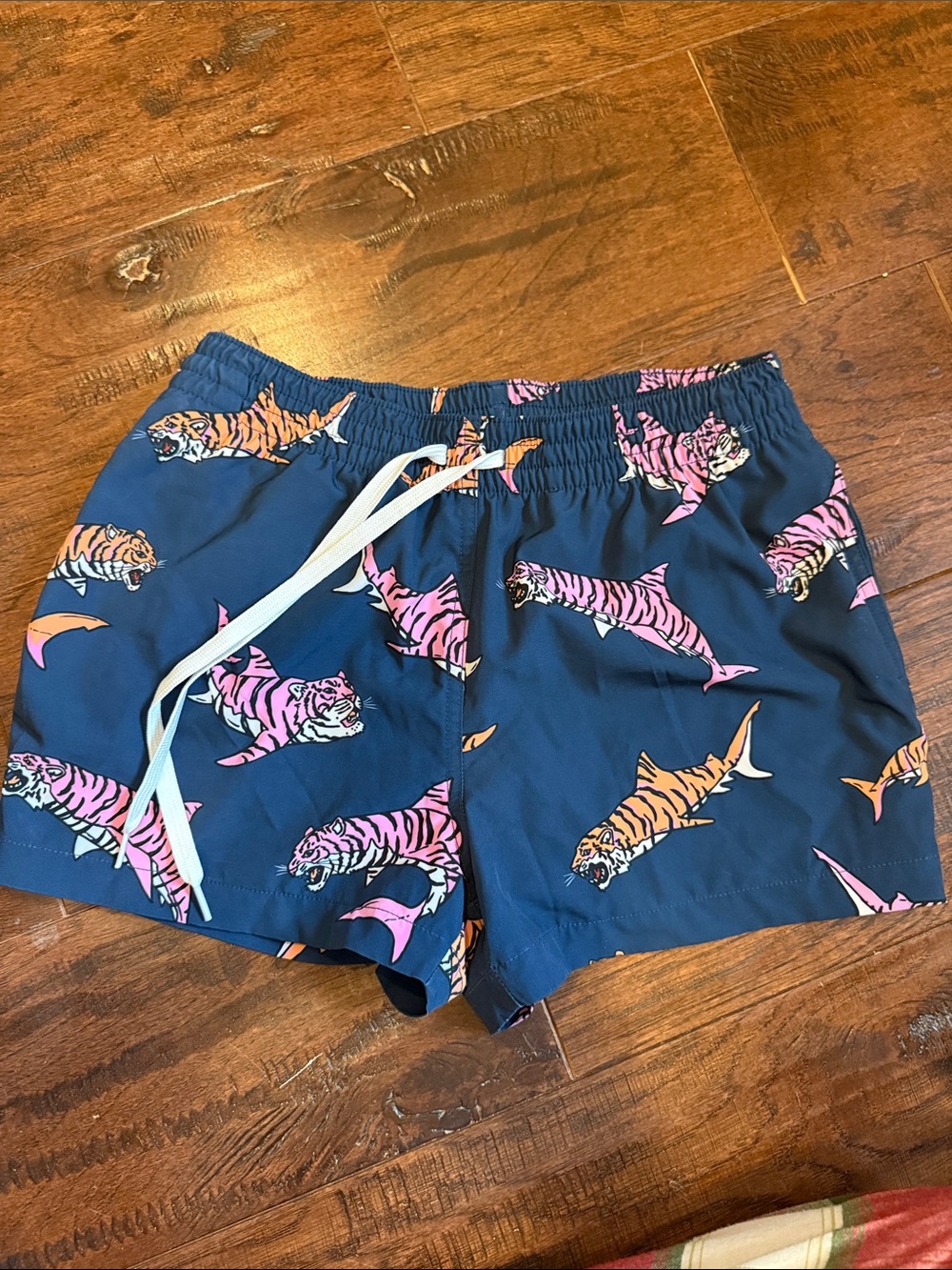chubbies Navy Swim Trunks with Pink and Orange Tiger Shark Print